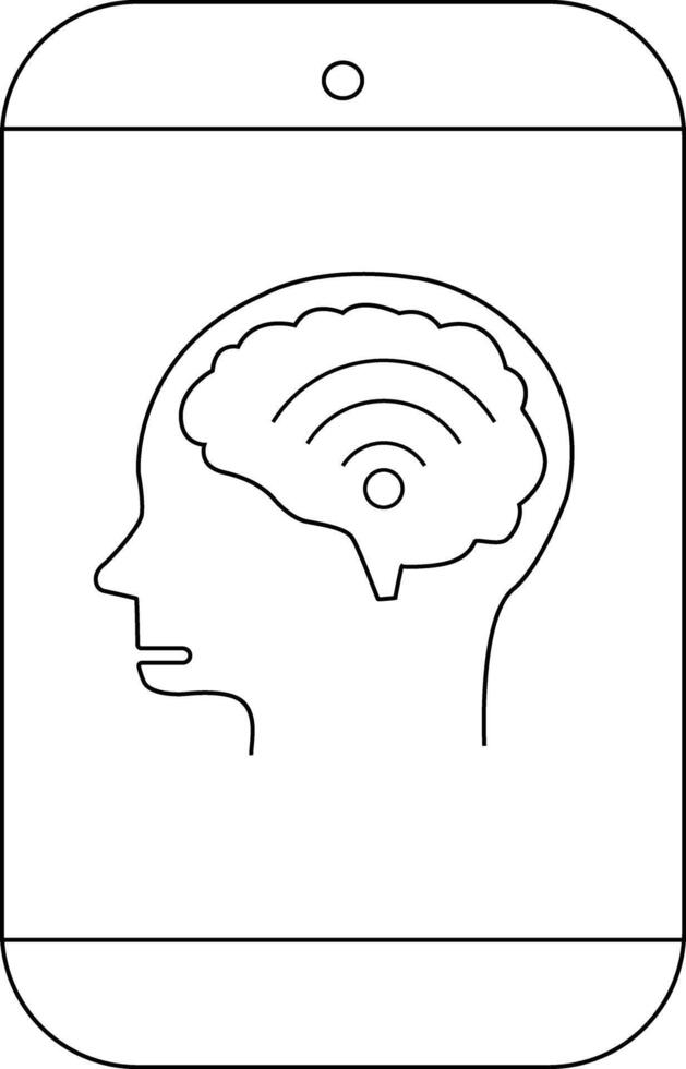 Outline of a phone displaying a head profile with a brain and WiFi signal within it vector