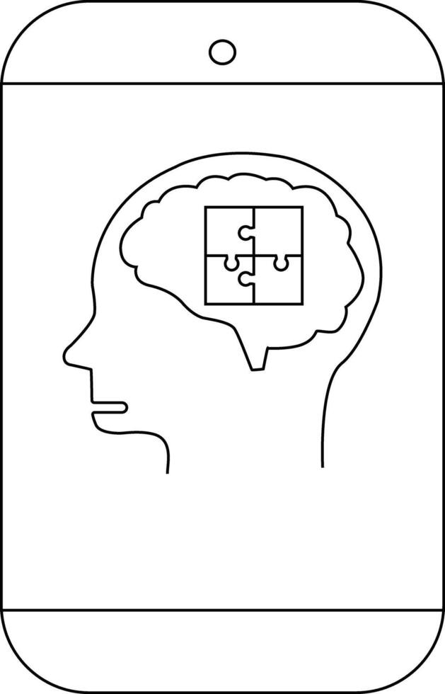 Outline of a smartphone displaying a head silhouette with puzzle pieces in the brain vector
