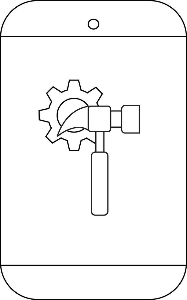 A schematic of a mobile phone displaying a gear and hammer icon vector