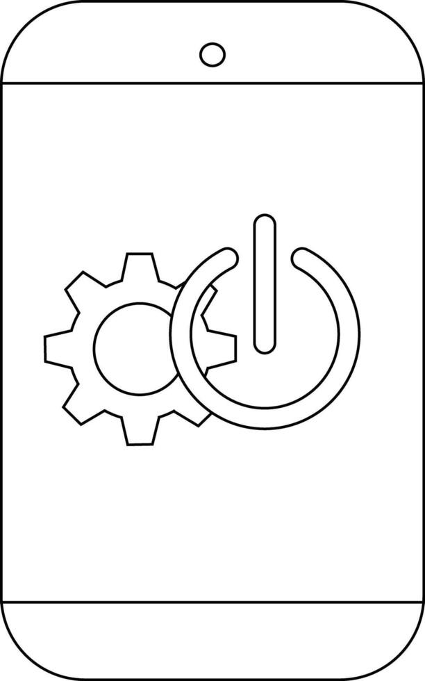 Outline drawing of a smartphone displaying a gear and power symbol vector