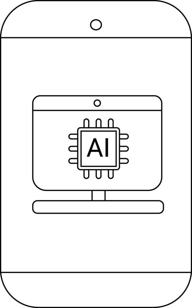 A smartphone displays a computer screen with an AI chip depicted inside it vector