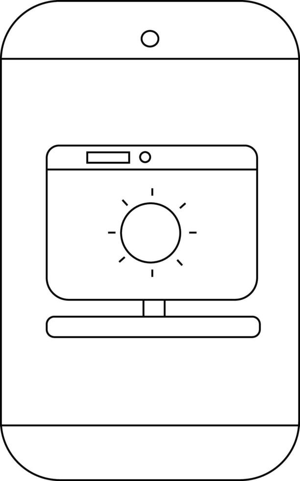 Outline of a phone with a computer icon displaying a brightness symbol on its screen vector