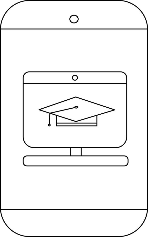 Smartphone displays graduation cap on a computer screen Simple line drawing vector