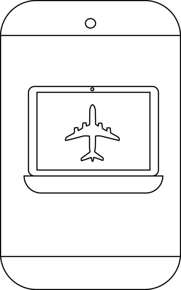 Outline drawing of a smartphone displaying an airplane on a laptop vector