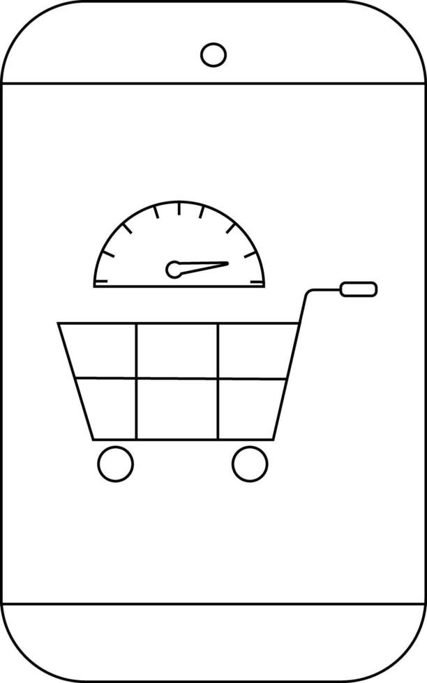Black and white line drawing of a phone with a shopping cart and speedometer displayed on screen vector