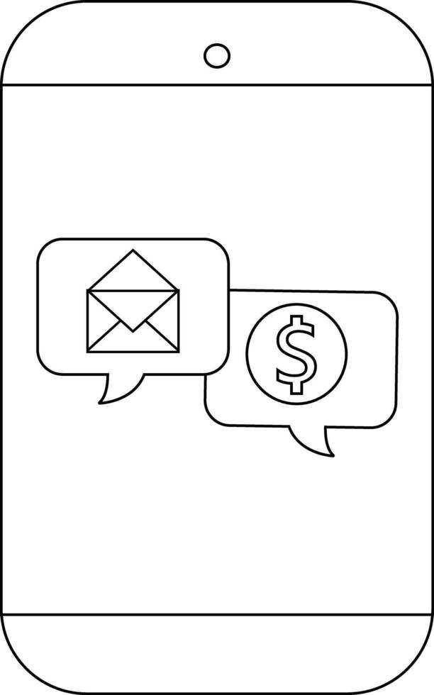Outline drawing of a phone showing email and dollar sign in adjacent speech bubbles vector