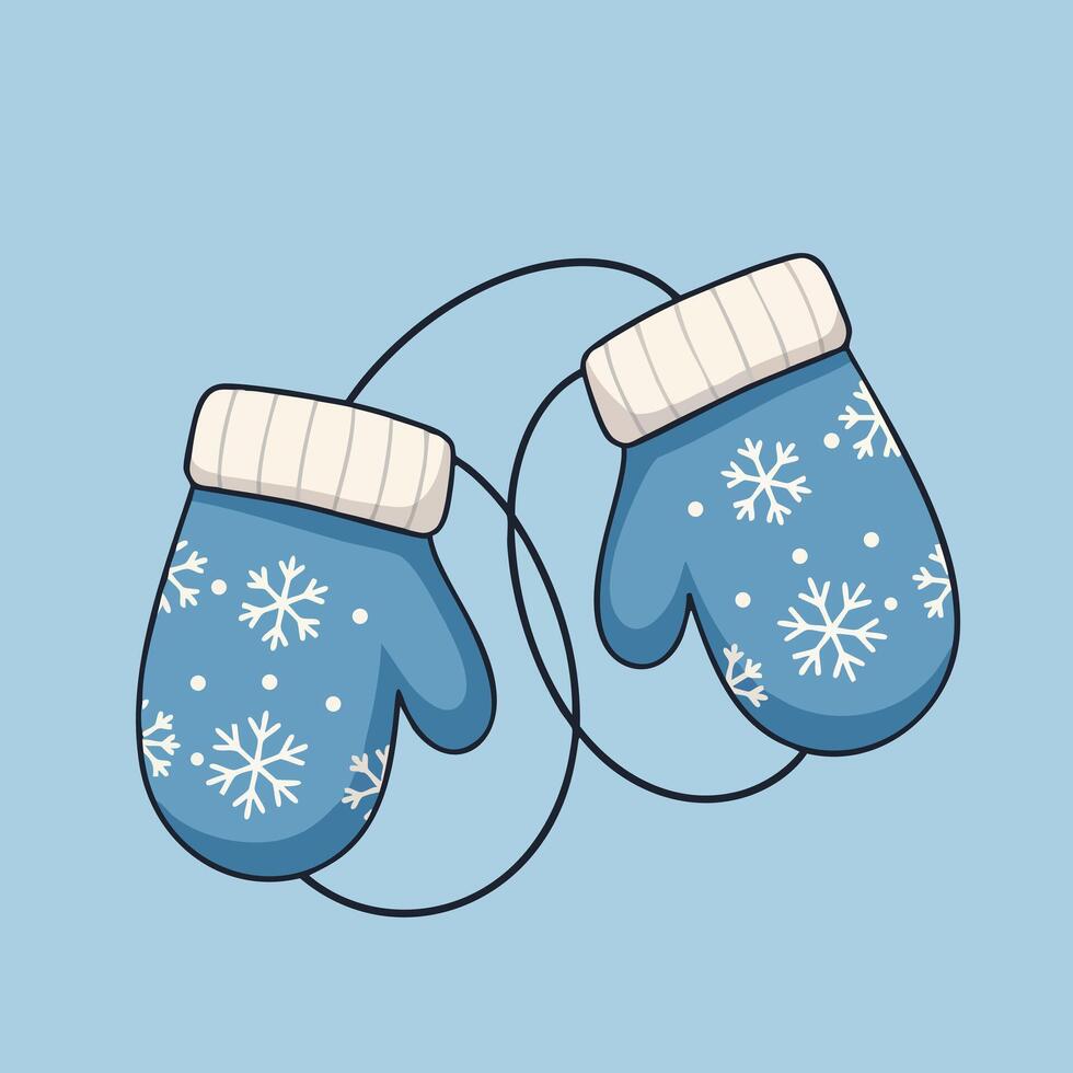 Blue winter mittens with snowflakes and a string connecting them for a cozy illustration vector