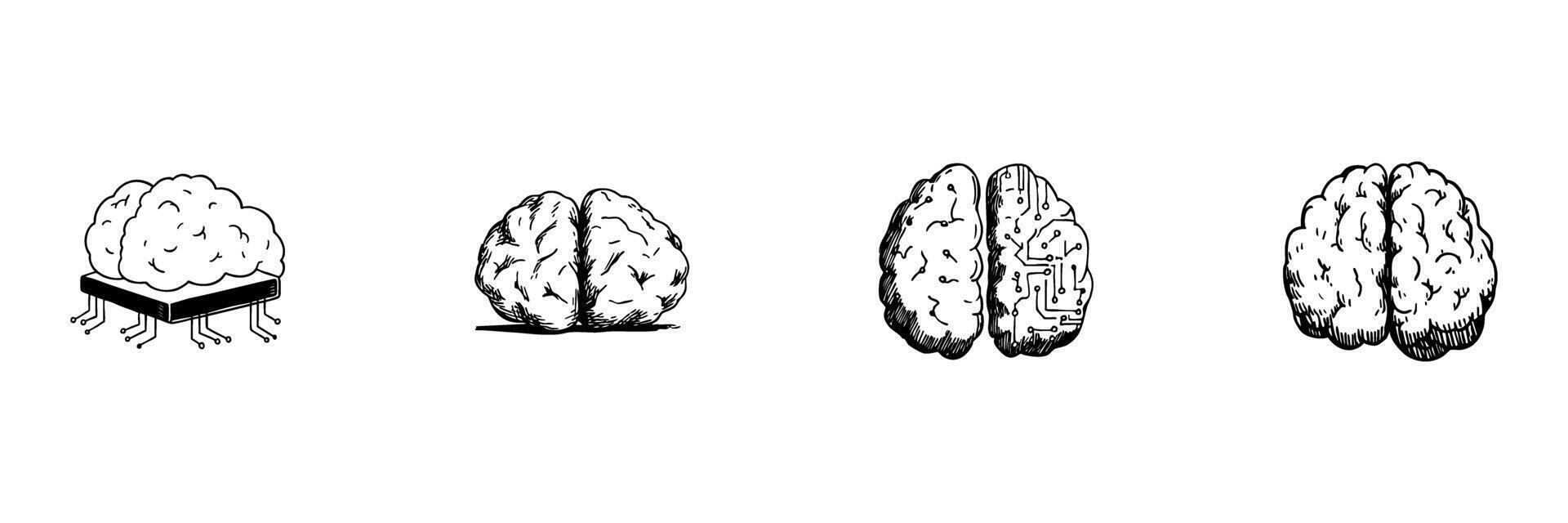 Brain And Technology Integration Doodle Sketch Set. Human Intelligence And Artificial Intelligence Fusion In Hand Drawn Style Collection. Cognitive Computing. Isolated Illustration vector