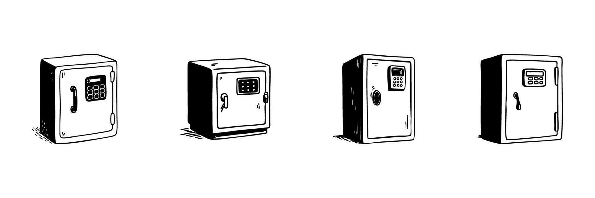 Safe Box Doodle Sketch Set. Security And Protection In Hand Drawn Style Collection. Digital Lock And Secure Storage. Isolated Illustration vector