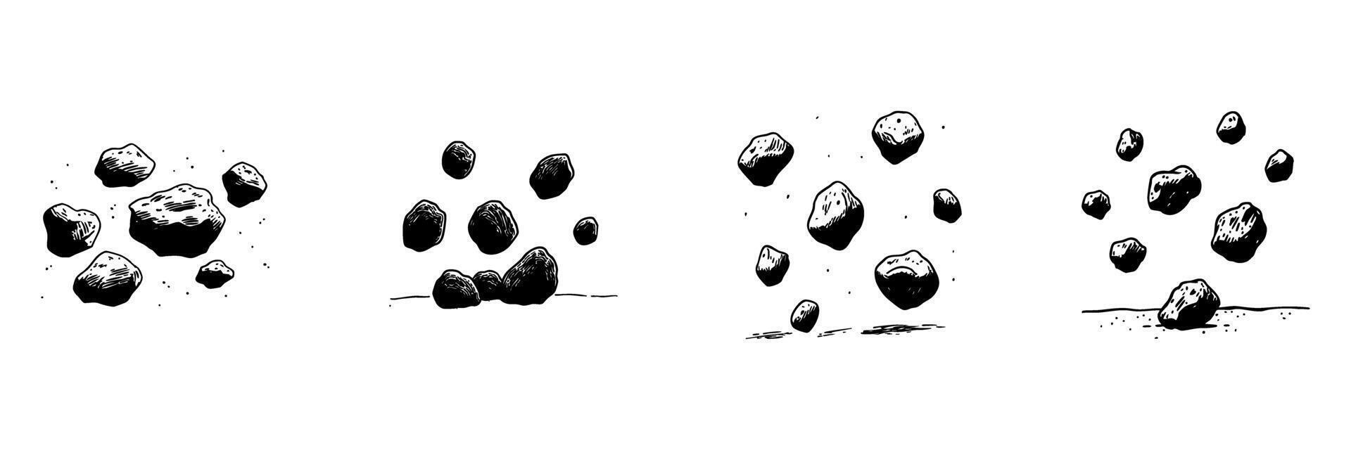 Floating Rocks Doodle Sketch Set. Levitation And Gravity Defiance In Hand Drawn Style Collection. Surreal And Mystical Elements. Isolated Illustration vector