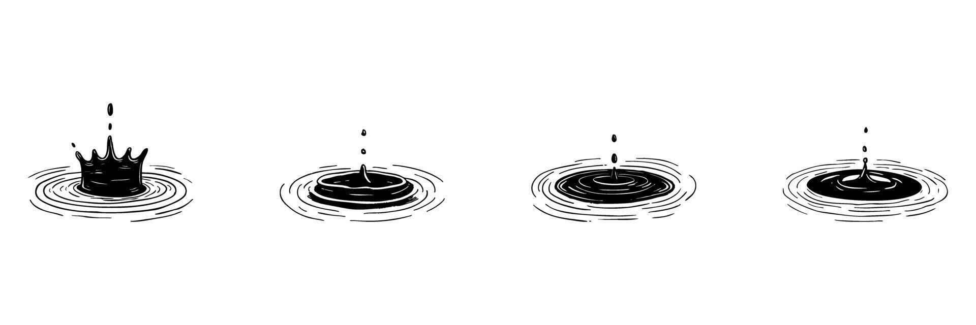 Water Droplet Splash Sequence Doodle Sketch Set. Fluid Dynamics And Ripple Effect In Hand Drawn Style Collection. Illustrating Motion And Impact. Hand Drawn Isolated Illustration vector