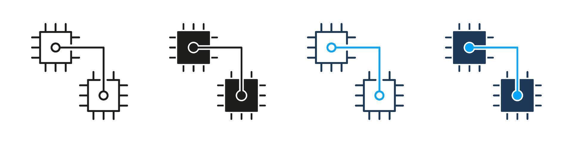 Electronic Circuit Board Chip Connection Line and Solid Icon Set. Processor Microchip Digital Hardware Computer Technology Symbol Collection. Isolated Illustration vector