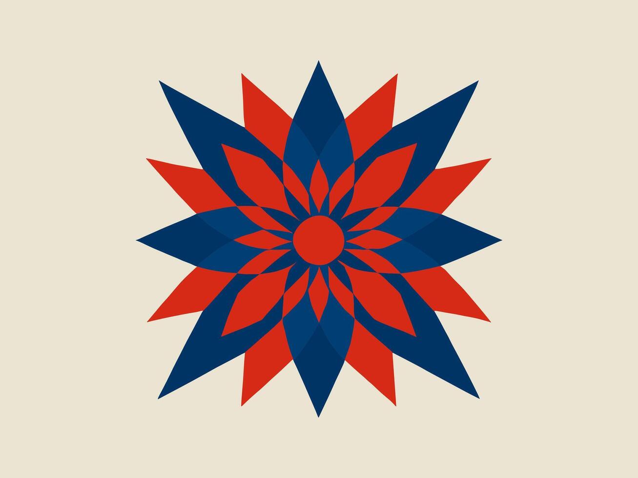Abstract geometric flower illustration with overlapping red and navy blue petals arranged in a symmetrical radial pattern on a light beige background vector