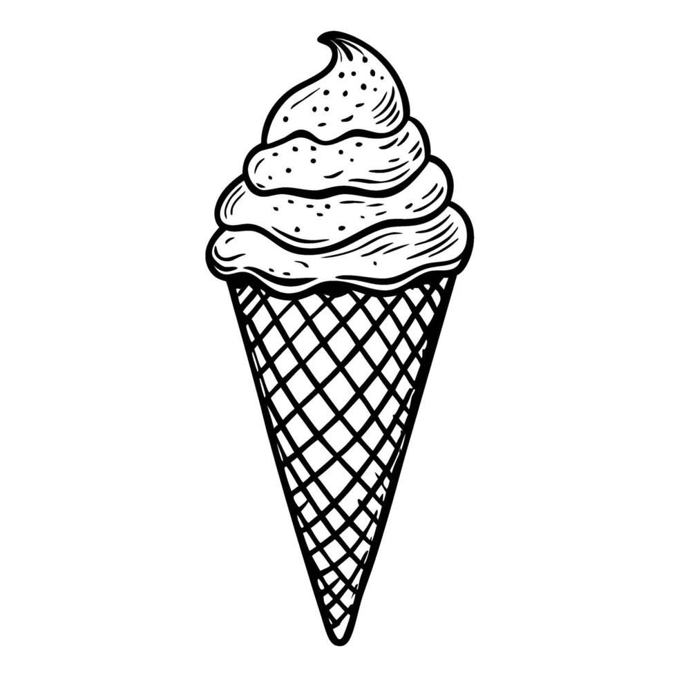 Hand drawn sketch of ice cream cone with waffle texture and swirled soft serve on white background vector
