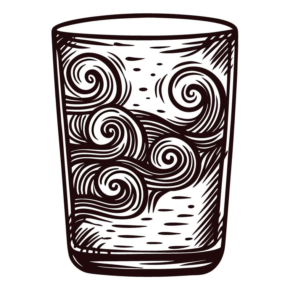 Hand drawn glass of water with swirling abstract patterns isolated on white background vector