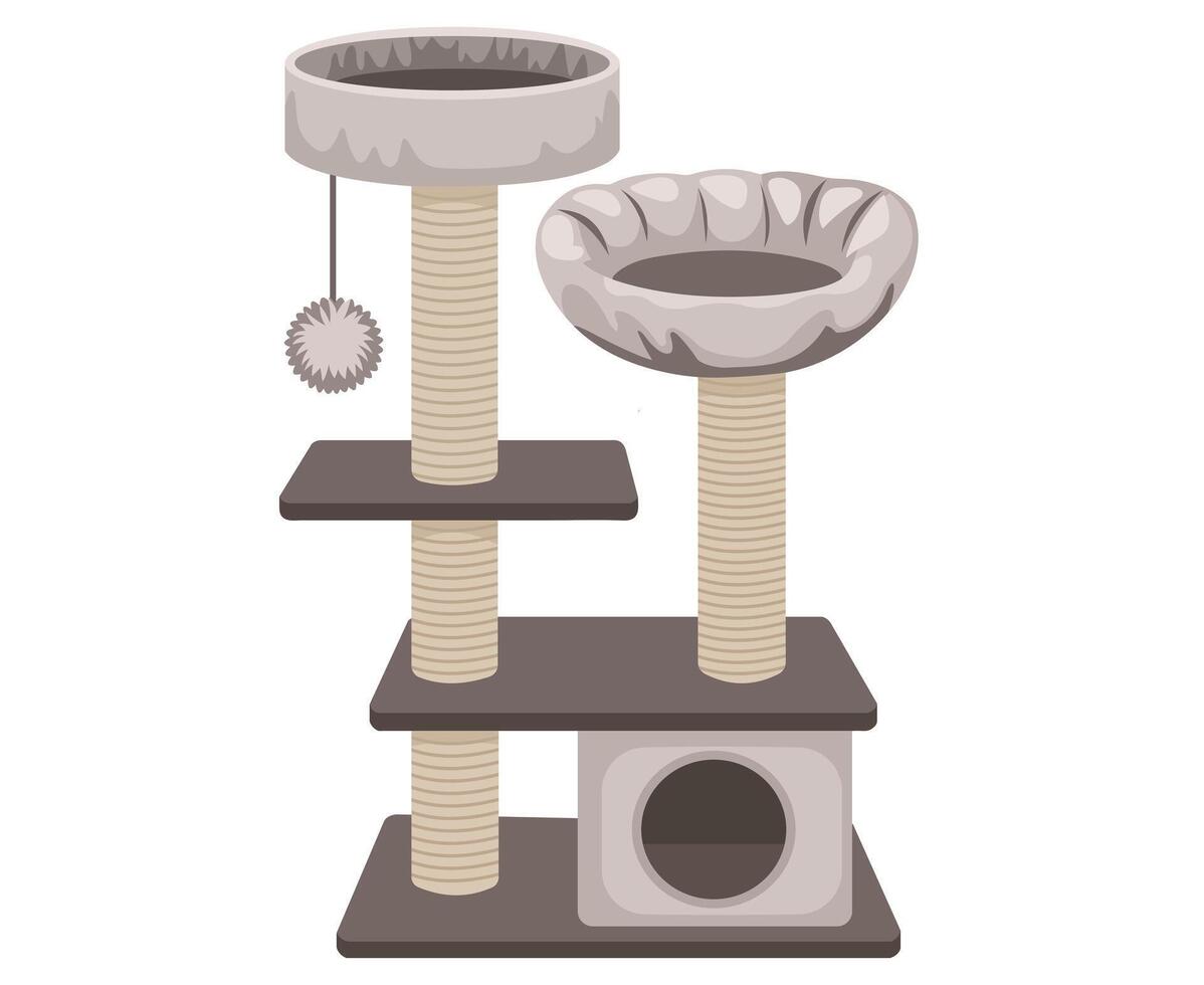A multi level cat tower with platforms scratching posts and a cozy bed vector