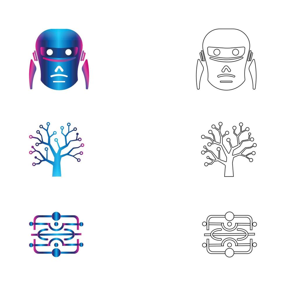AI Head Silhouettes with Maze Brain, Robot Icon and Neural Chip Design vector