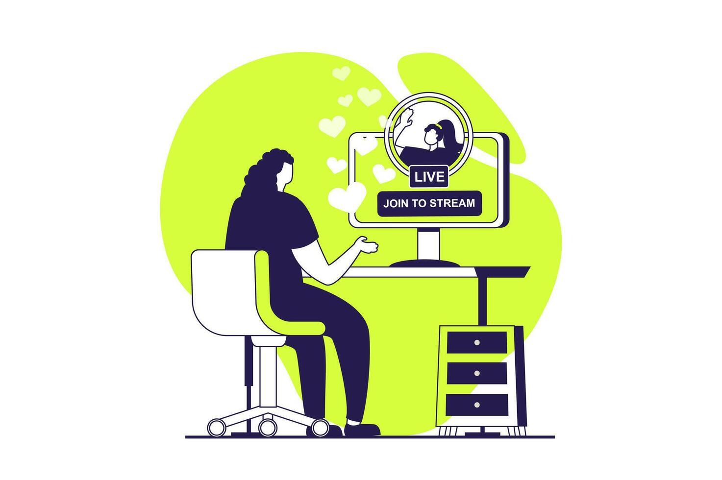 streaming web concept with flat people for website design. Woman broadcasting online, communicating virtually, follower joining and watching speaker at computer screen. illustration. vector