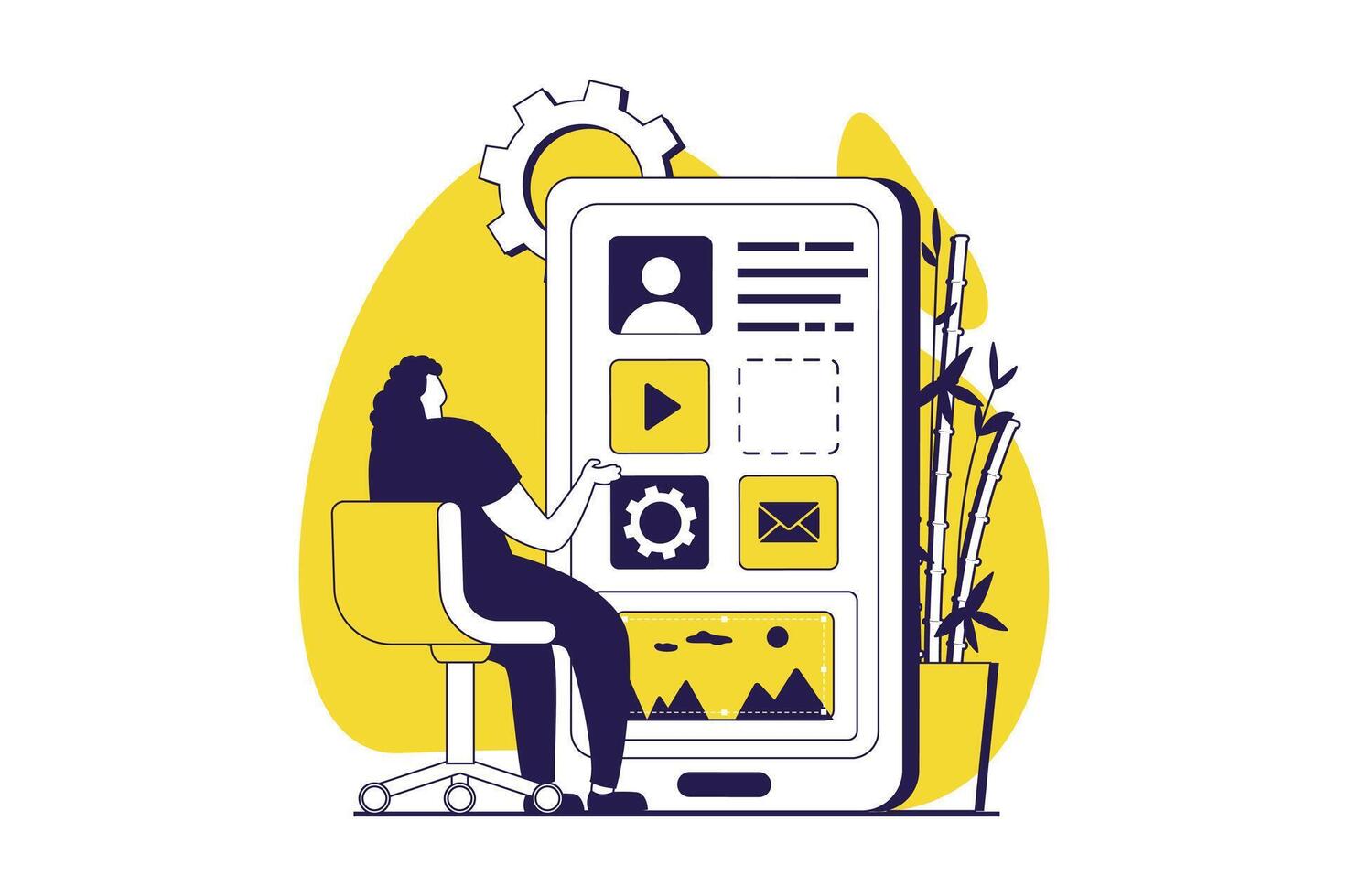 UI and UX designers web concept with flat people for website design. Woman creating site interface, placing buttons and mobile applications template, engineering menu at screen. illustration. vector