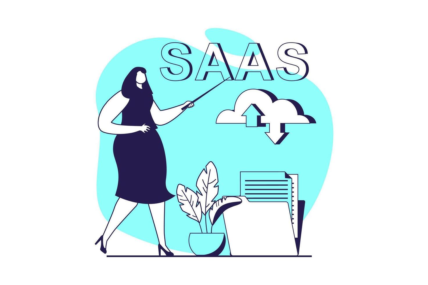saas web concepto con plano personas para sitio web diseño. mujer utilizando software como un servicio, haciendo en línea apoyo y sincronizar en nube almacenamiento con automatización y datos proteccion. ilustración. vector