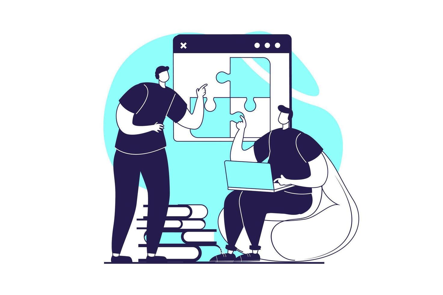 Teamwork web concept with flat people for website design. Woman and man brainstorming and solving puzzle, collaborating and discussing goals, finding solution for challenges. illustration. vector