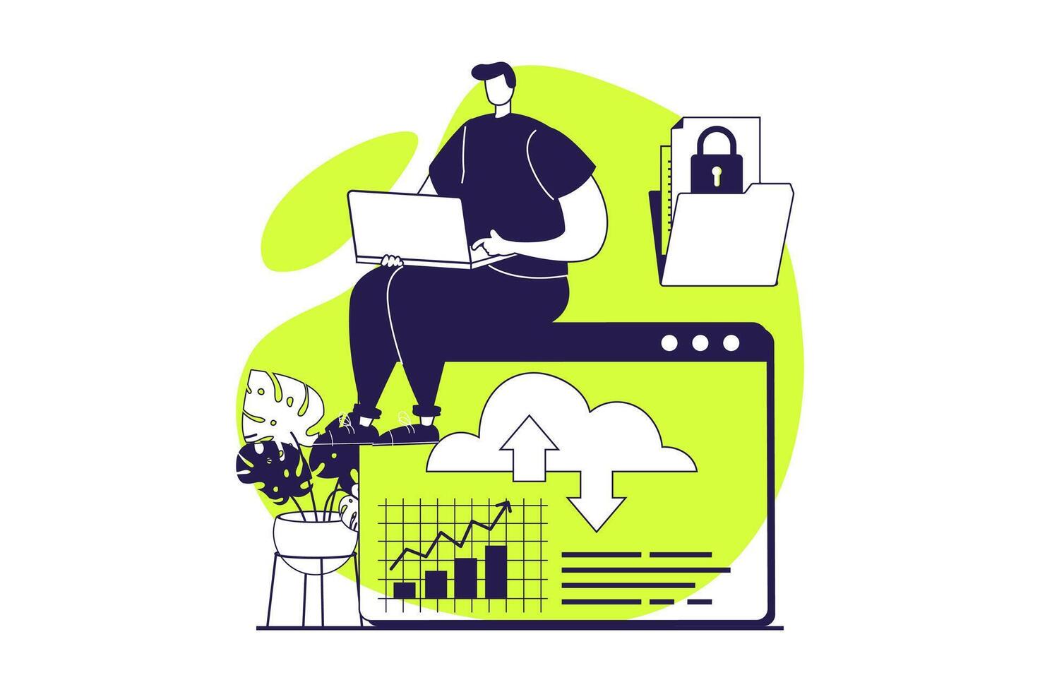 saas web concepto con plano personas para sitio web diseño. hombre utilizando software como un servicio, interactuando con centro de datos servidor, nube informática, apoyo y sincronizar con en línea proteccion. ilustración. vector