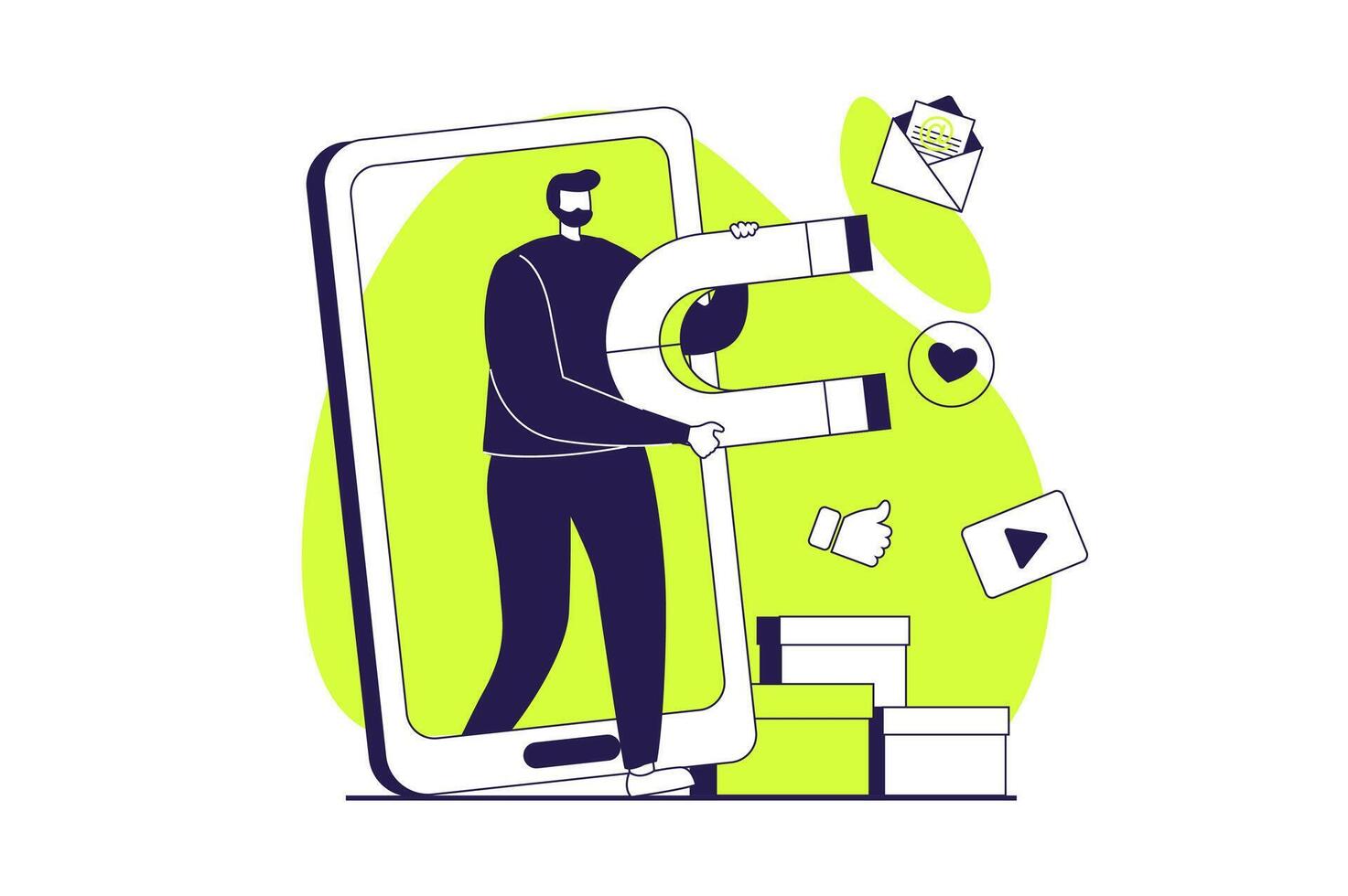 Social media marketing web concept with flat people for website design. Man with magnet creating content and making promotion campaign, attracting audience in mobile application. illustration. vector