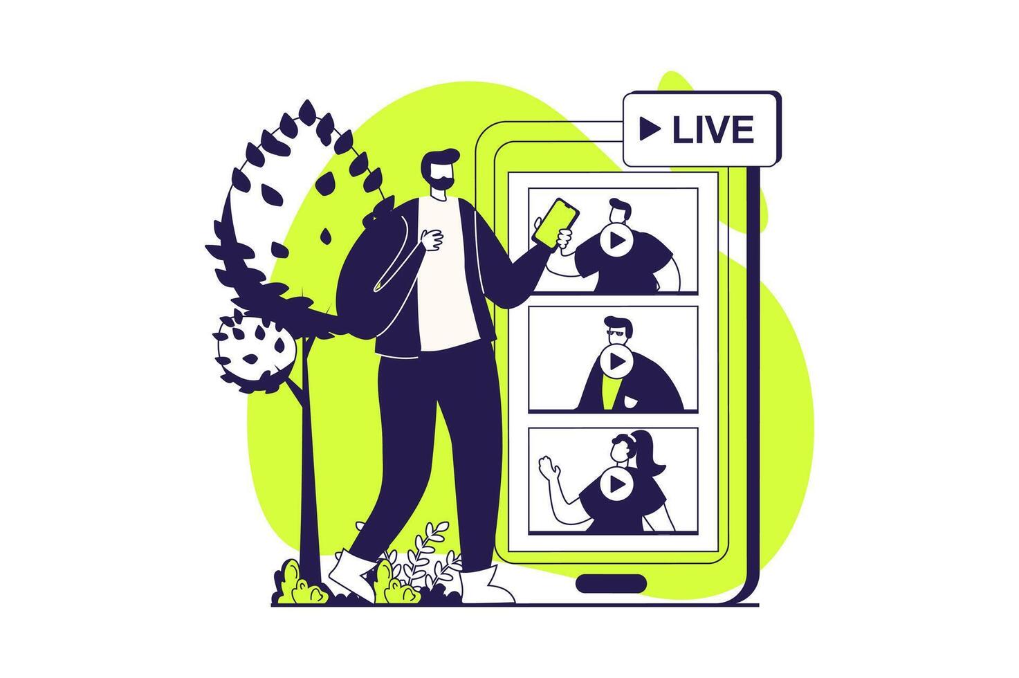 streaming web concept with flat people for website design. Man choosing broadcasting online, calling by to friends, communicate virtually in group by mobile app. illustration. vector