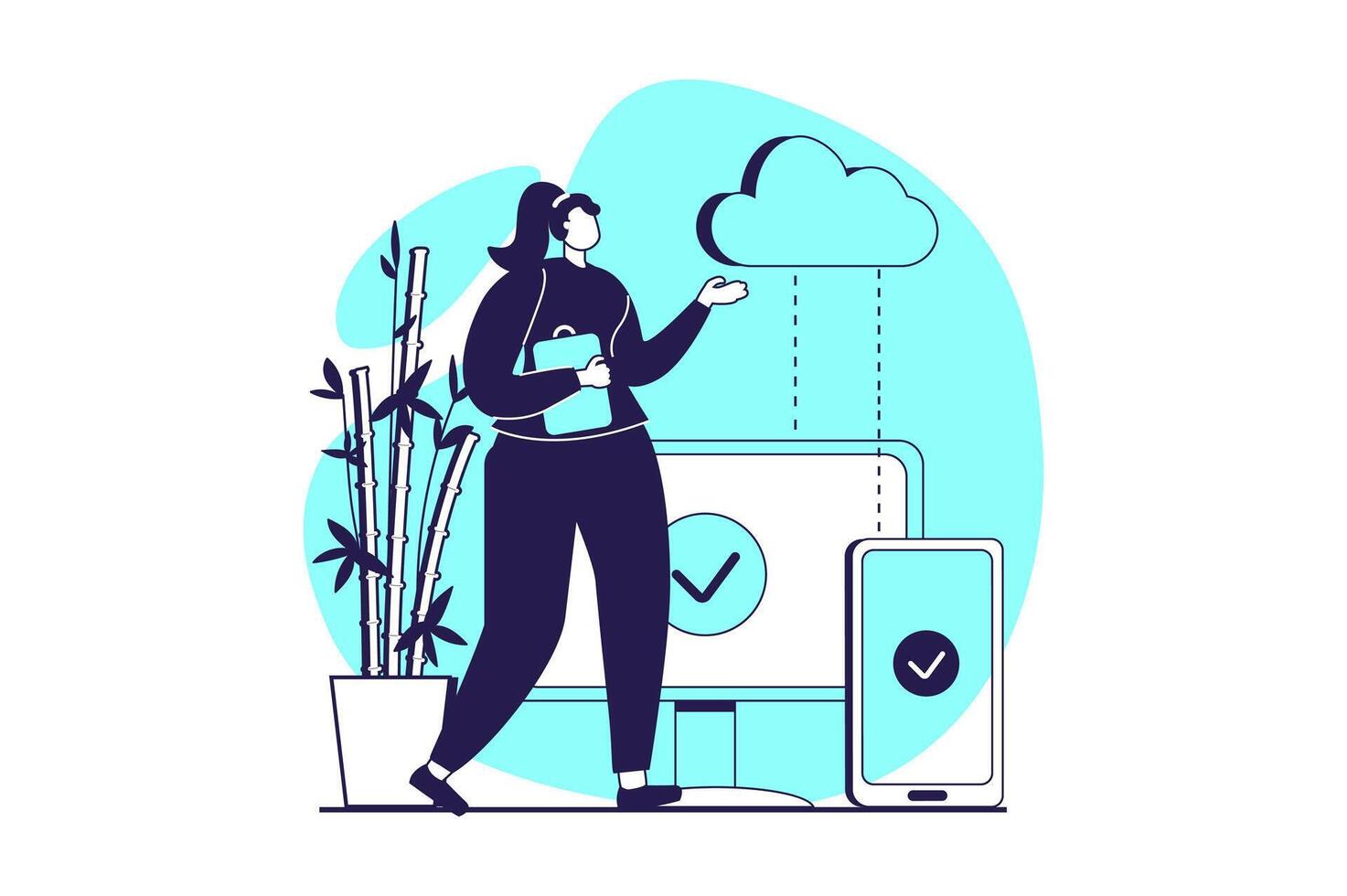 SaaS web concept with flat people for website design. Woman using software as a service, making optimization between computer and mobile phone, doing sync and online backup. illustration. vector