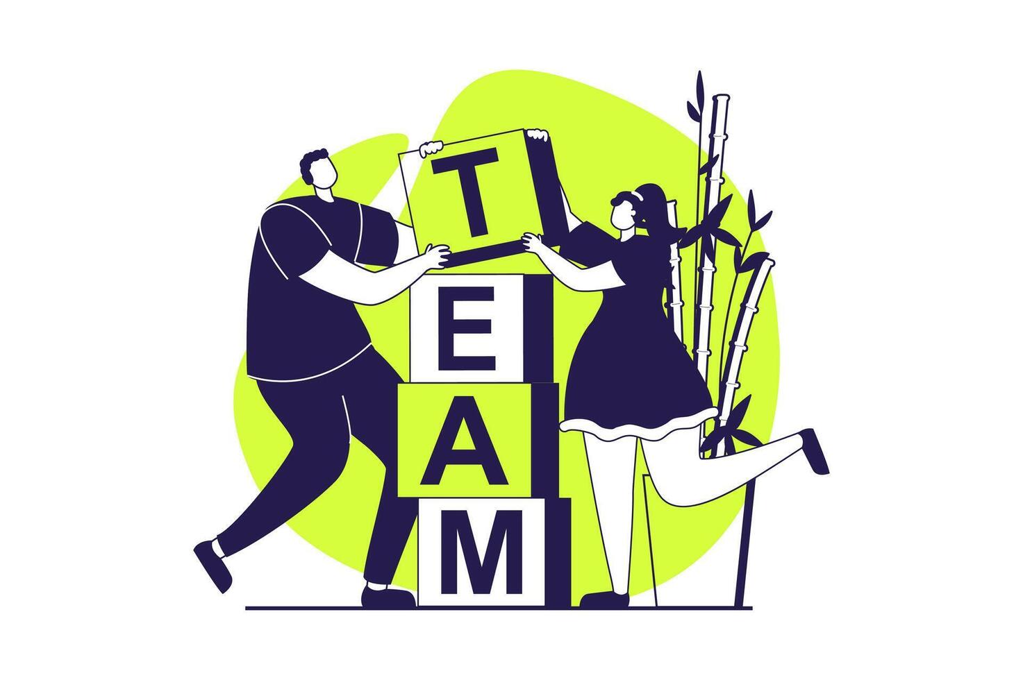 Teamwork web concept with flat people for website design. Woman and man brainstorming and constructing blocks, generating ideas, collaborating and finding solutions for project. illustration. vector