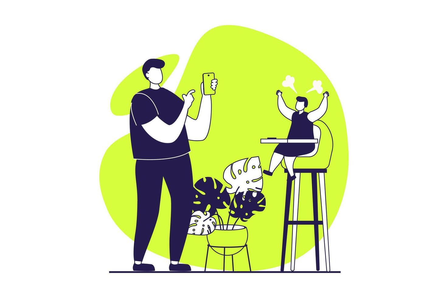 People sit in gadgets web concept with flat people for website design. Man interacting with entertainment content in mobile app, distracting himself and ignoring his little son. illustration. vector