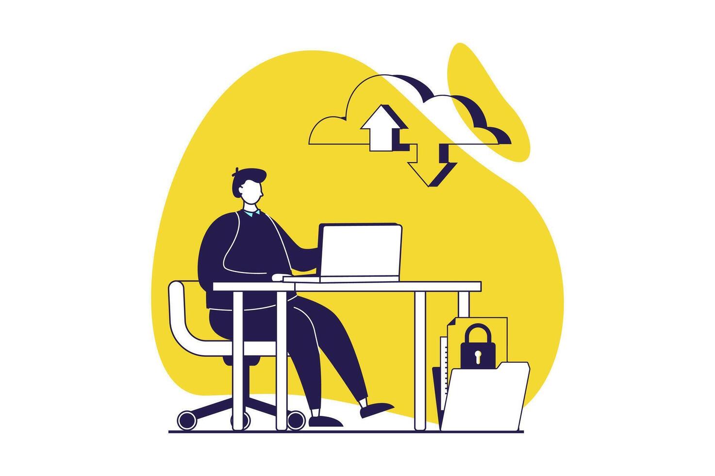 SaaS web concept with flat people for website design. Man using software as a service, making optimization between laptop and datacenter, online processing and data connecting. illustration. vector