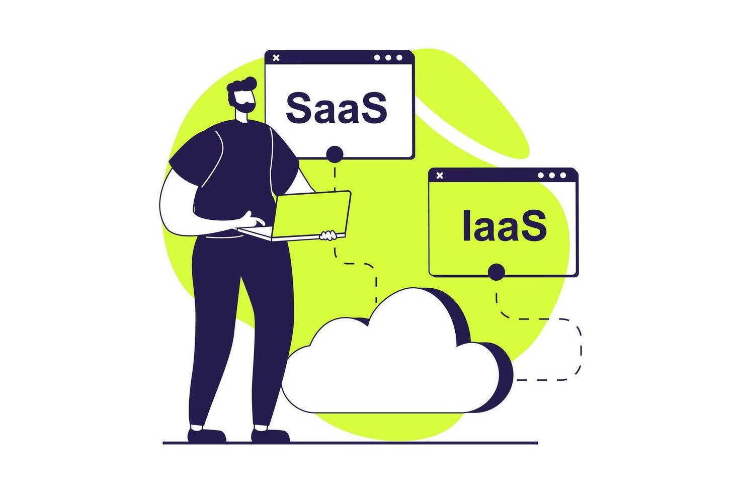 saas web concepto con plano personas para sitio web diseño. hombre utilizando software como un servicio, haciendo suscripción a nube almacenamiento y datos informática plataforma con en línea proteccion. ilustración. vector