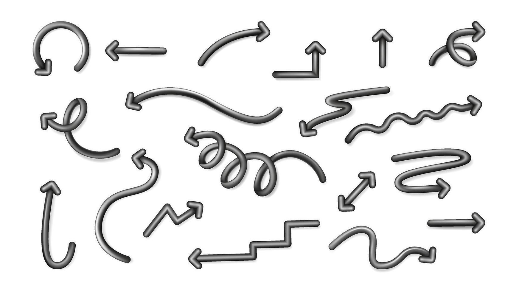 Arrows 3d elements set in realistic render design. Collection of glossy black long or short pointers with turn, swirl, curl, rotation, zigzag, wavy, circular and other directions. illustration. vector
