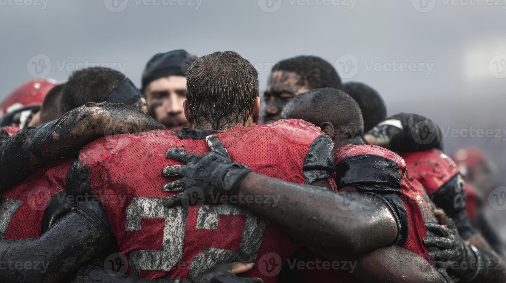 American Football Team Huddle In Muddy Conditions. Unity And Team Spirit In Challenging Game Environment photo