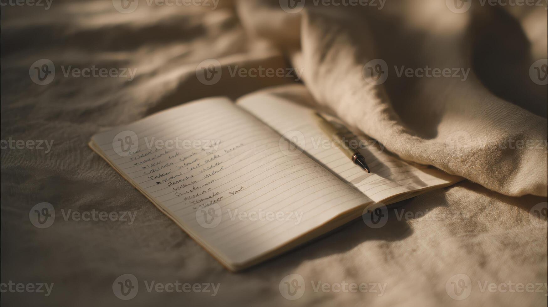 Open Notebook With Handwritten Notes And Pen On A Bed. Cozy And Reflective Writing Atmosphere photo