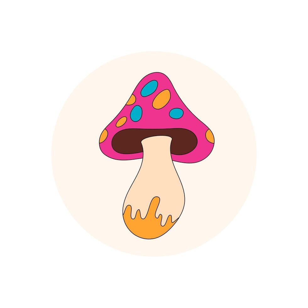 Groovy retro mushroom sticker with colorful patch forms circle seal on package lid. Magic shroom in y2k style as playful sticker patch adds a creative accent for product label and packaging. vector