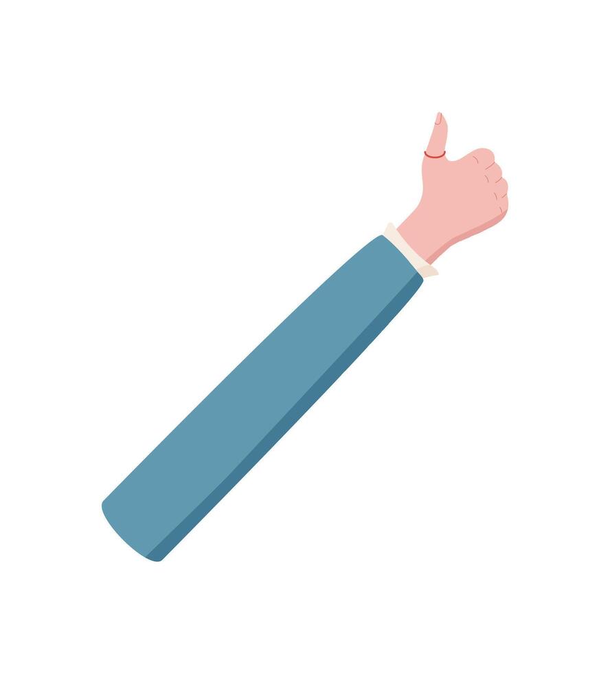Cartoon hand gesture with finger showing number one. Raised hand pose marking number one for counting. Flat style design, clothed arm with sleeve, isolated concept, professional for educational or vector