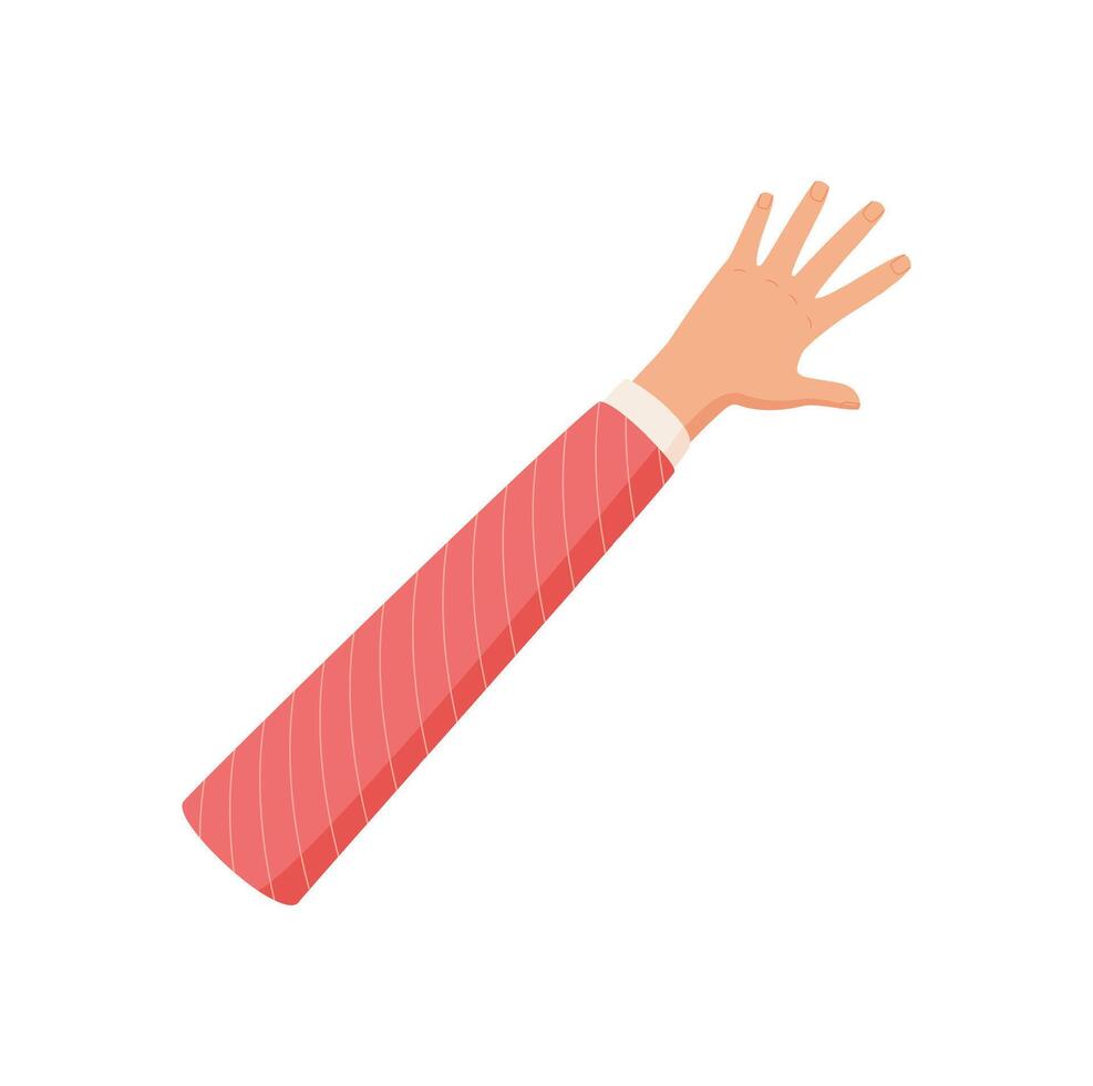 Cartoon hand gesture with open palm shows number five. Flat style hand with pink sleeve and extended fingers represents count or signal. Isolated design suitable for education or professional use. vector