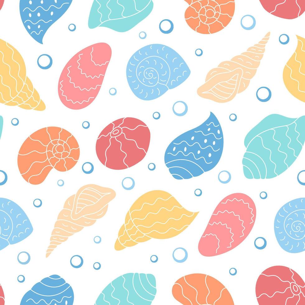 Seamless cartoon underwater shell pattern. Marine design with aquatic seashell shapes and ocean motifs. Vibrant doodle texture, playful sea elements, ideal for summer theme backgrounds. vector