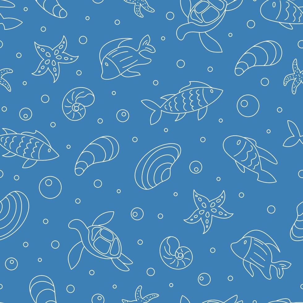 Seamless underwater pattern with marine creatures in outline style. Aquatic design featuring fish, turtles, starfish, and seashells. Ocean background with line texture, perfect for aquatic and marine vector