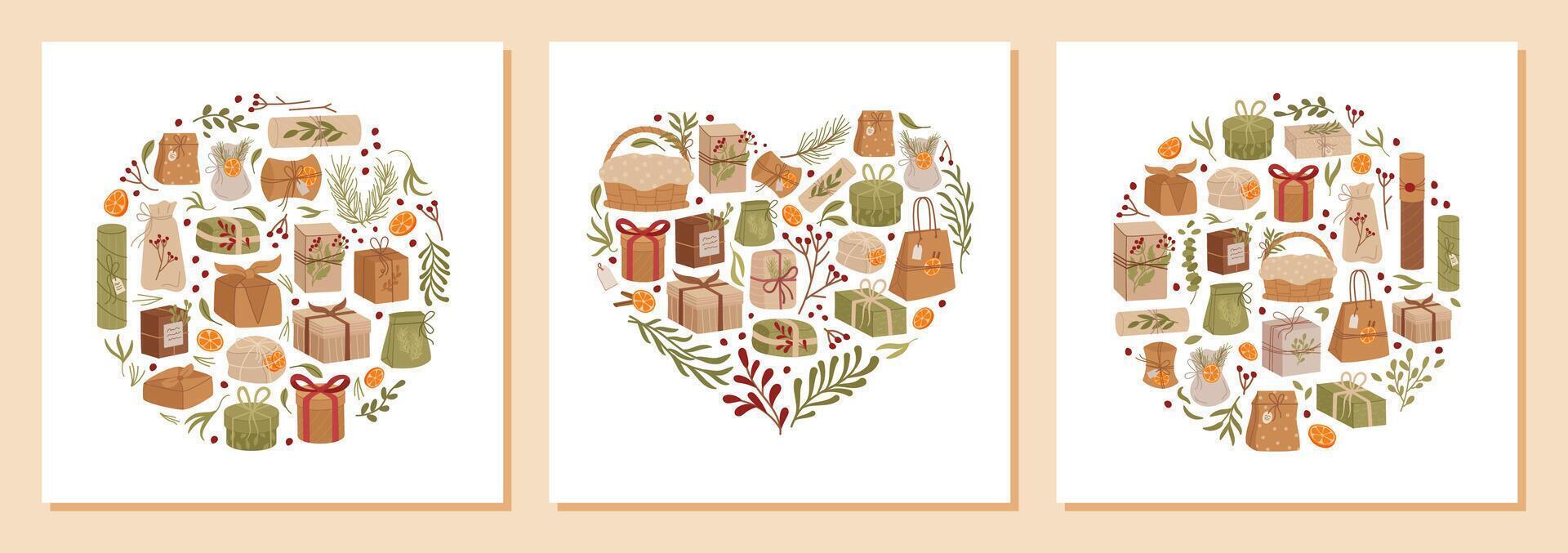 Heart design concept collection with kraft gift box in flat design style, present and ribbon decor with rustic package concept. Design combines graphic elements in a cohesive bundle, ideal for event vector