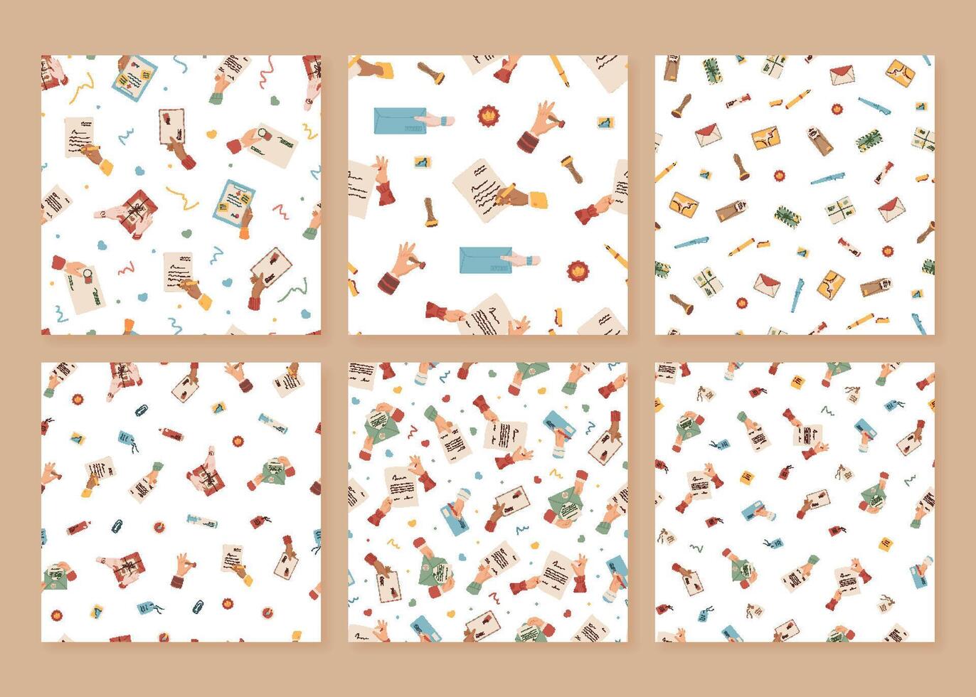 Seamless flat mail pattern set, envelope, letter, paper, postcard, stamp set. Pattern of correspondence, message elements and postal details. Set use for communication, stationery, background projects vector