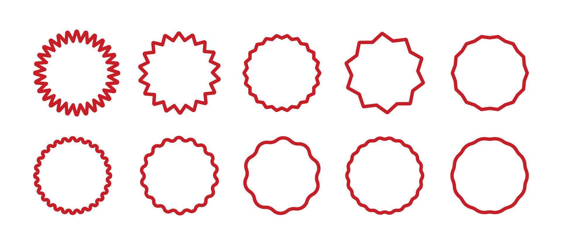 Set of red curve edge frames. Wavy red circles. Circle lined borders. Simple round frames. Graphic illustration. Design of red geometric line. Editable stroke. vector