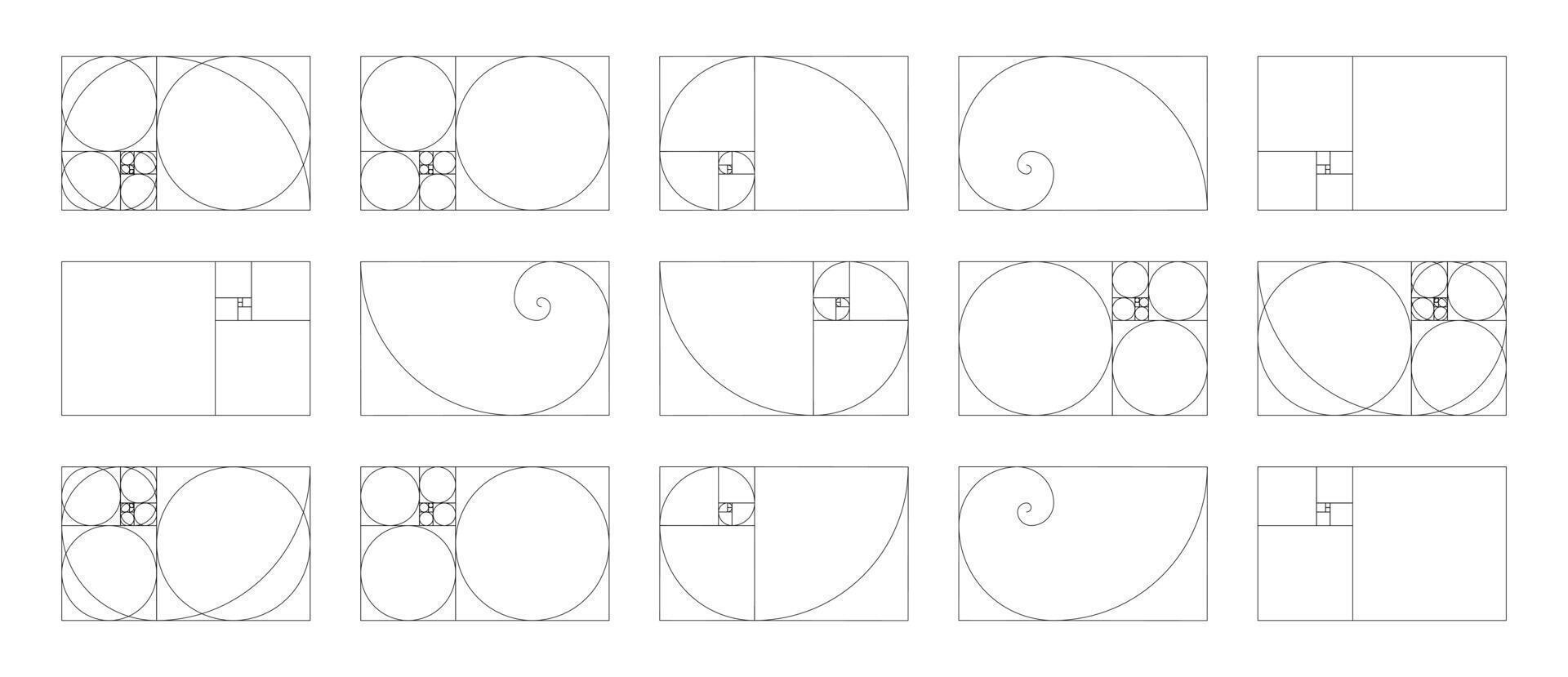 horizontal fibonacci números formación conjunto de 15 elementos. modelo de dorado proporción armonía dimensiones. vector