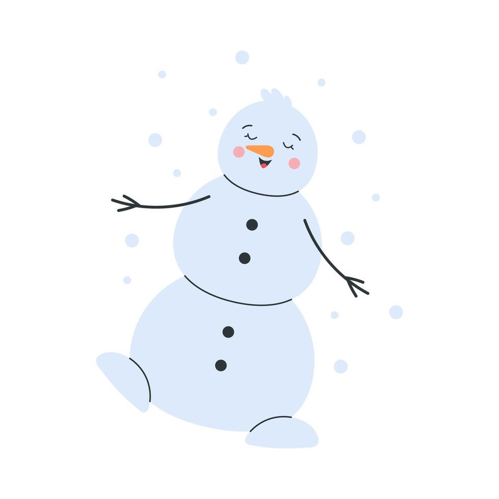 Snowman enjoying a carefree winter stroll among soft falling snow. Gentle pastel character with relaxed movement, warm expression and clean minimal shapes. vector