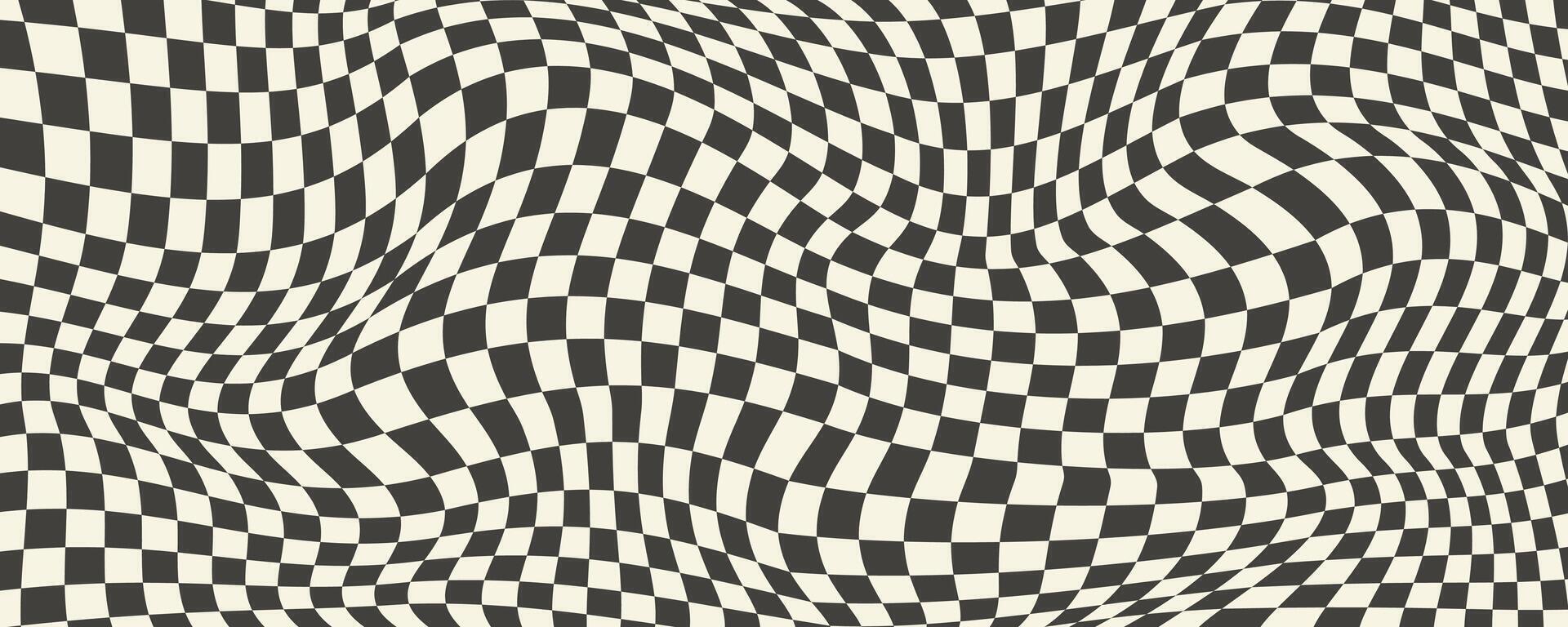 Trippy checkerboard background. Retro psychedelic checkered wallpaper. Wavy groovy chessboard surface. Distorted geometric grid chess pattern. Abstract old race flag backdrop. vector