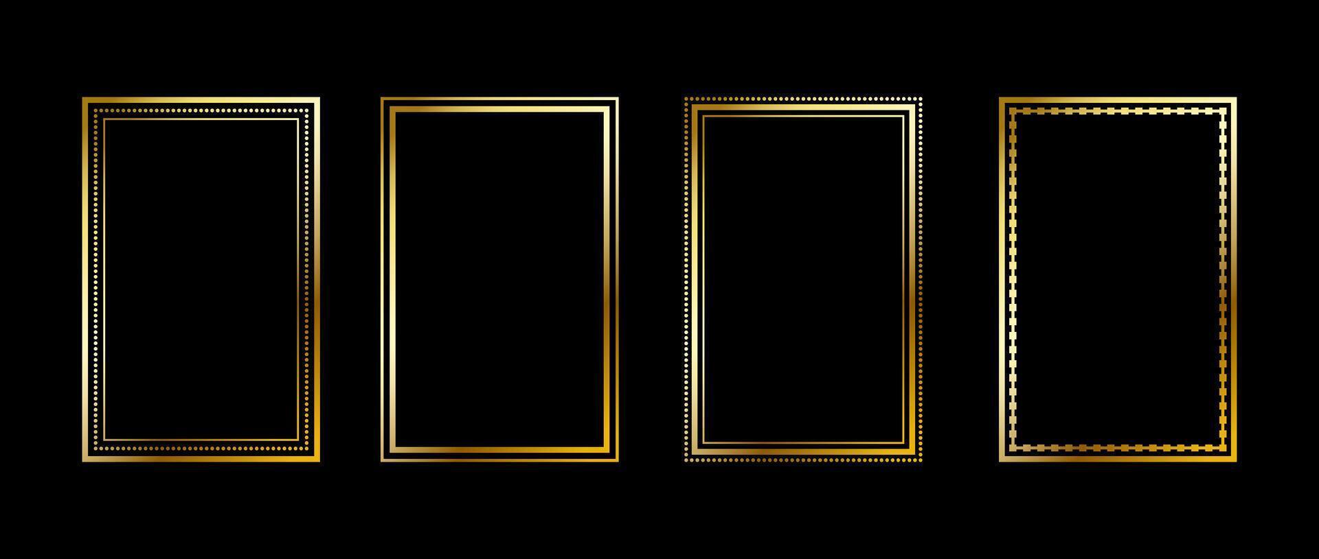 Gold thin rectangle frame set. Shining golden square borders in art deco style. Thin linear rectangular cadre collection. Yellow glowing shiny boarder shape pack for photo, poster, tarot card vector