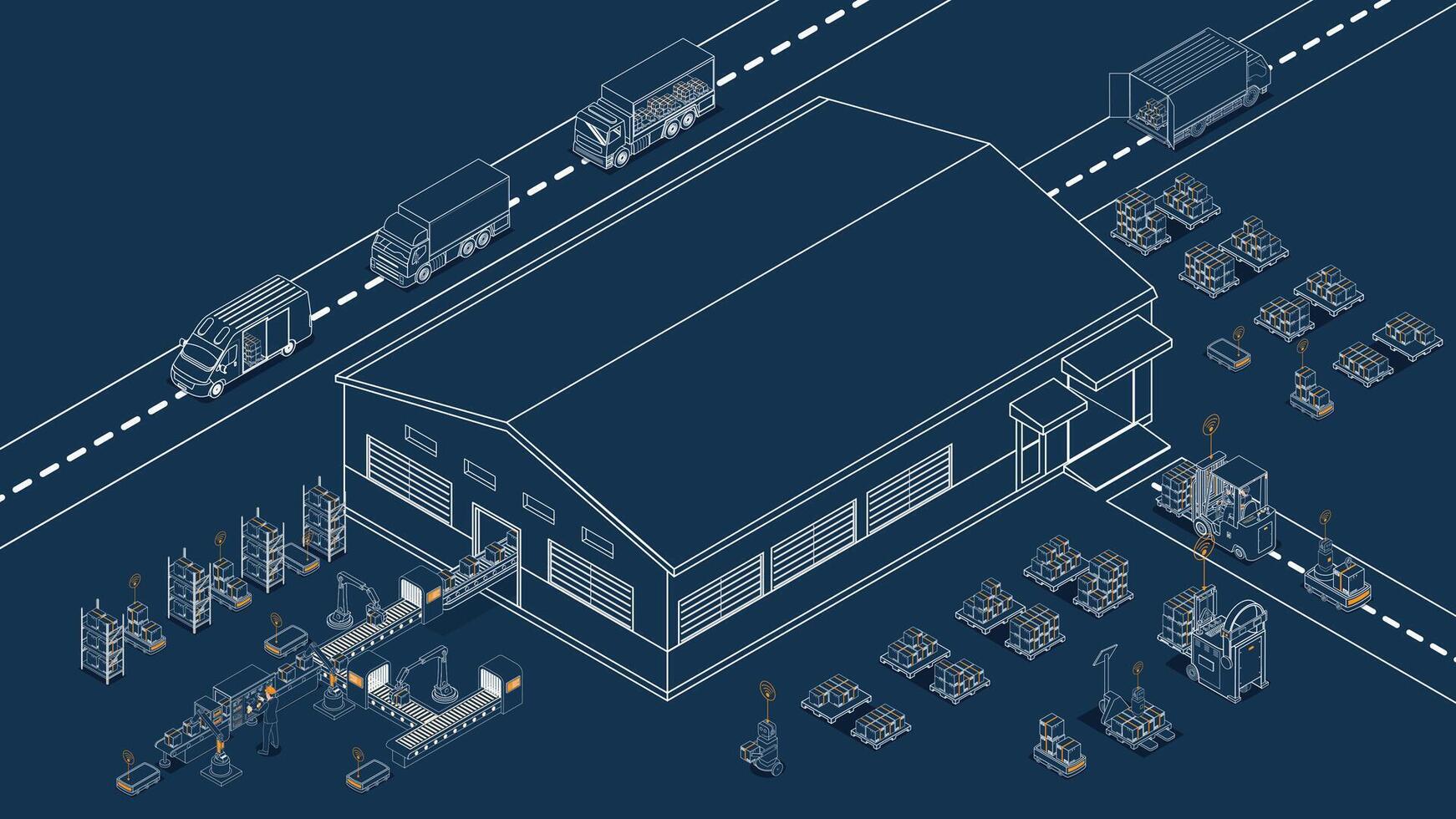 Automated warehouse operations using AGVs and AMRs for robotic material handling and transportation. illustration EPS 10 vector
