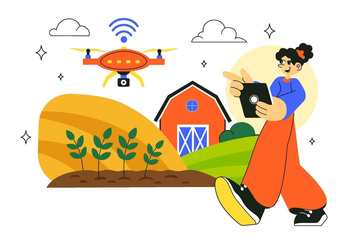 Smart Autonomous Farming Illustration Highlighting a Farmer Controlling Drone-Based Field Management vector